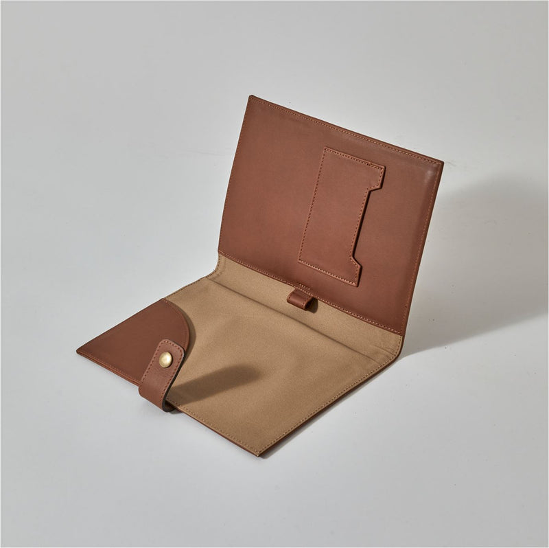 Handcrafted A4 tan leather compendium with premium brass hardware
