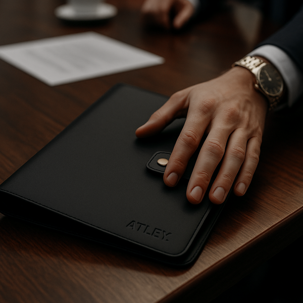 ATLEY A4 black leather compendium with brass clasp on polished wooden boardroom table