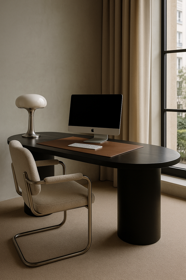 Modern office desk with chair, computer monitor, and lamp in a room with large windows.