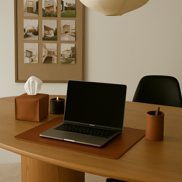 ATLEY Leather Desk Mat in Tan. Laptop on a wooden desk with a tissue box, candle, and pen holder in a home office setting.