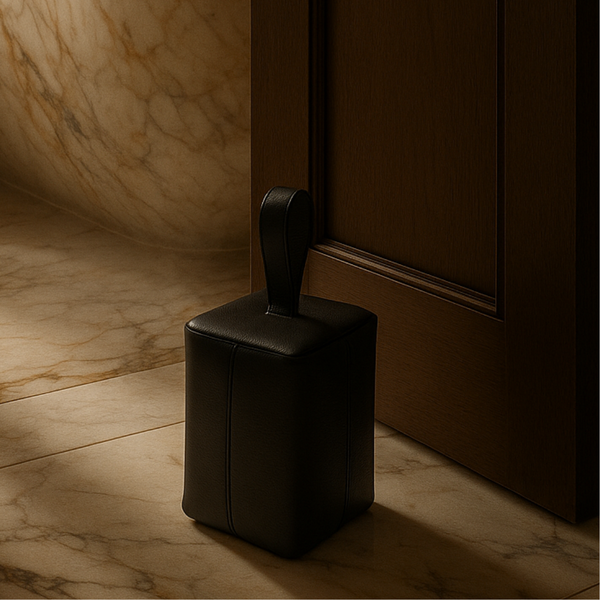 Black door stopper on a marble floor next to a wooden door