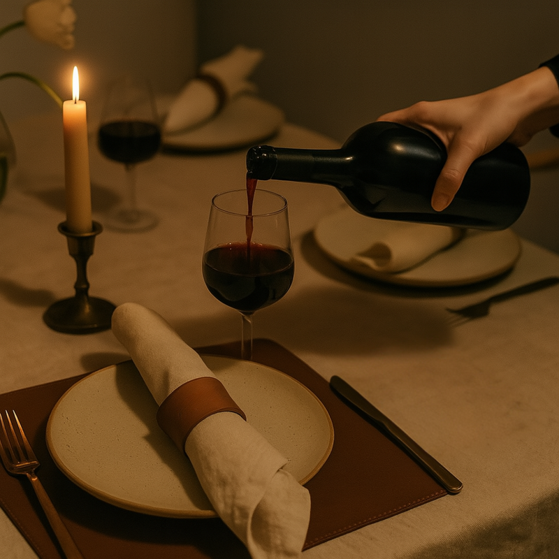 Person pouring red wine into a glass on a dimly lit table setting. ATLEY LEATHER TABLE TOP ACCESSORIES