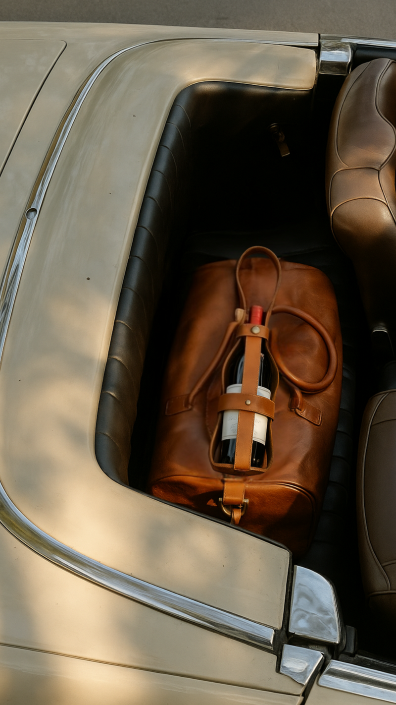 Tan leather wine carrier with structured strap and open-frame design, holding a bottle of red wine, placed on the back seat of a vintage car with brown leather upholstery and chrome detailing.