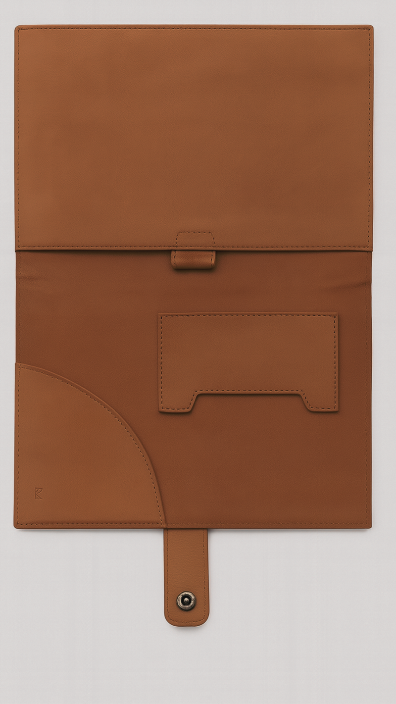 Tan Brown leather notebook pouch with a strap on a white background