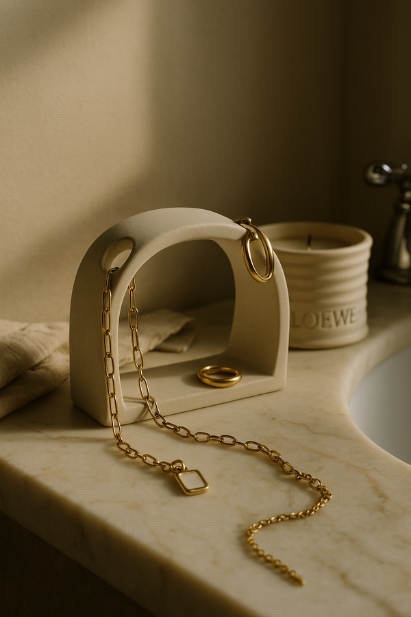 Bathroom vanity Gold chain necklace jewellery holder on a marble surface with a Loewe candle in the backgroundiner