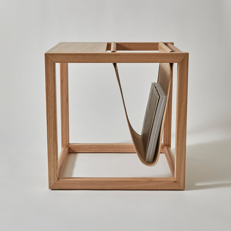 Leather and timber magazine rack