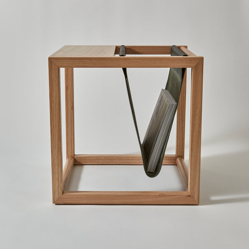 Leather and timber magazine rack